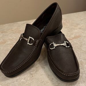 Salvatore Ferragamo Dark Brown Pebble Leather Loafers with Gancini Buckle 10.5 W